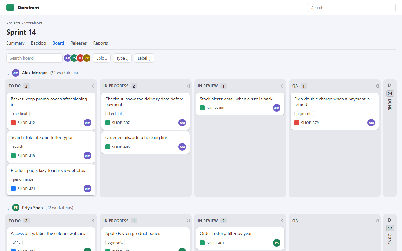 A Jira board with the Done column collapsed to a narrow strip showing 24 and 17 work items in two swimlanes